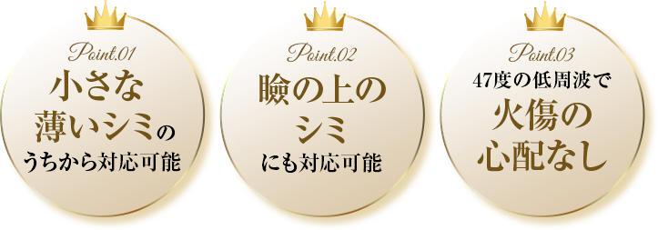 Point.01 小さなシミのうちから対応可能　Point.02 瞼の上のシミにも対応可能　Point.03 47度の低周波で火傷の心配なし